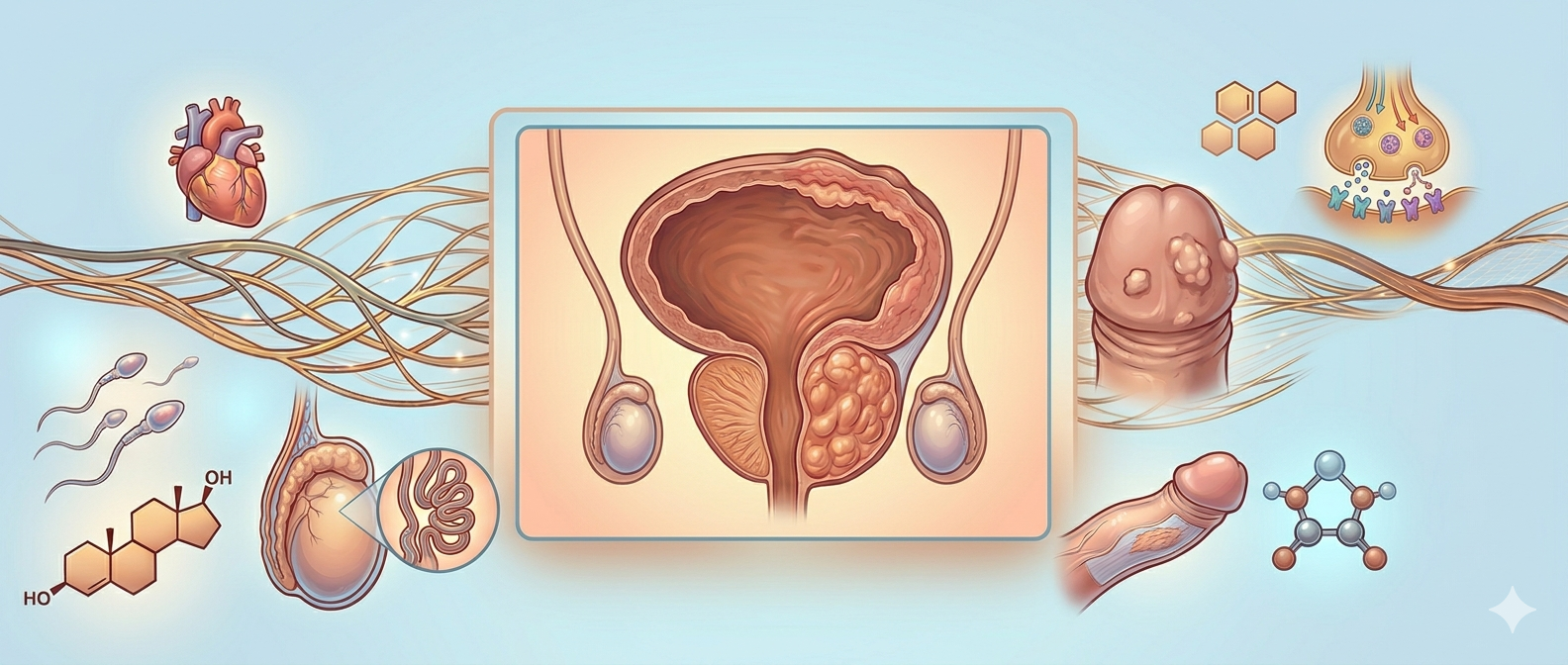Erkek cinsel sağlığı; sertleşme sorunu, erken boşalma, penis eğriliği ve genital siğil gibi erkek genital sistemini etkileyen çeşitli durumları kapsar.